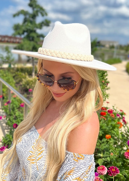 Indy Braided Strap Ivory Flat Brim Fedora Hat