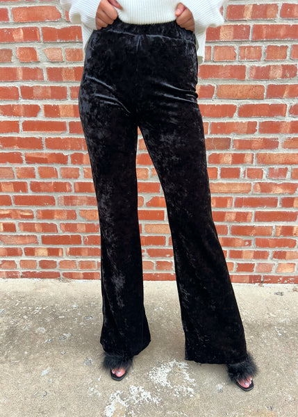 Play It Up Black Velvet Full Length Flare Pant
