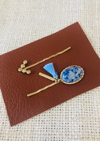 Western Oval Stone Hair Pin Set - Blue