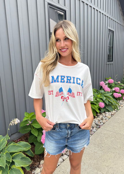 "America" Rhinestone White Bow Flag Tee