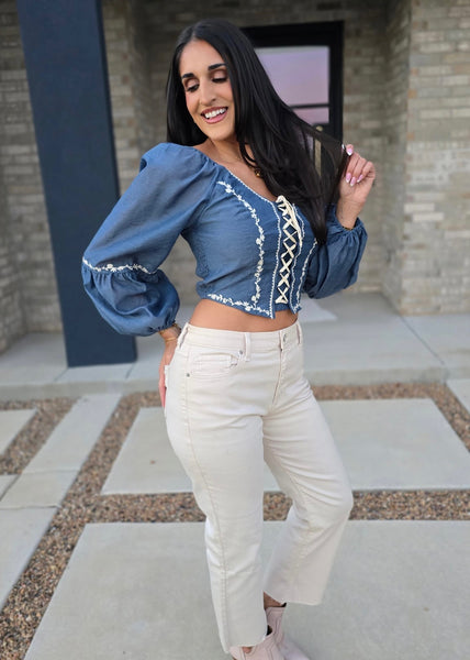 Blow My Mind Denim Lace Up Top