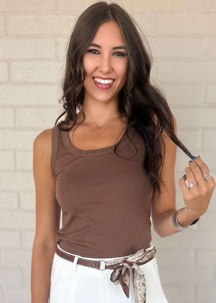 Thinkin Bout You Brown Studded Tank Top