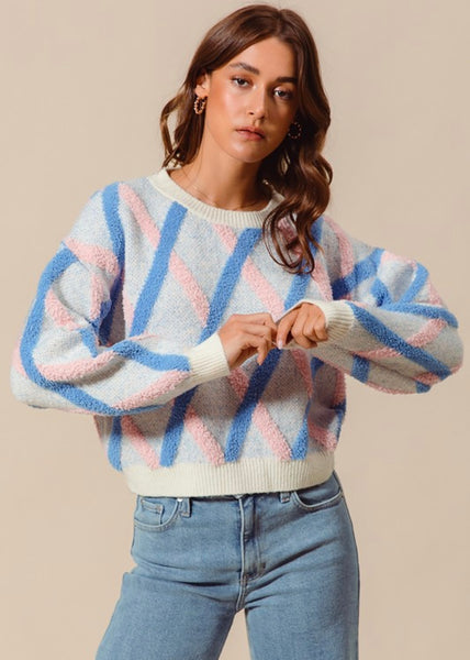 Beyond Me Blue Fluffy Diagonal Striped Sweater Top