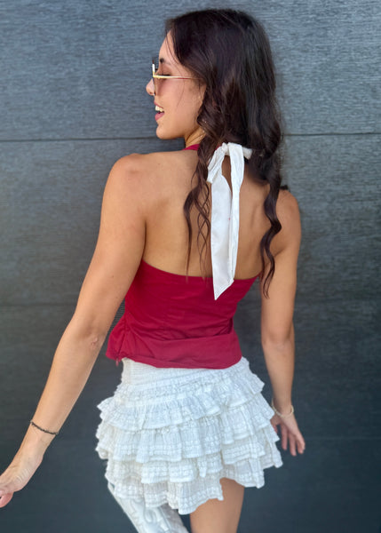 Preppy Charm Fitted Halter Top With White Back Tie