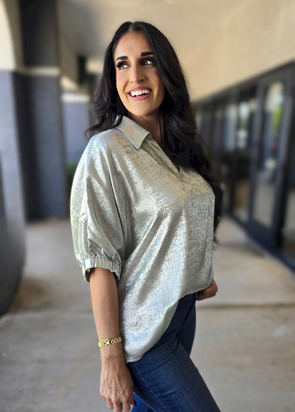Shining Star Sage Shimmer Collared Top
