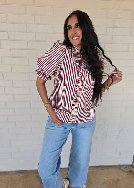 Get In Line Burgundy & White Striped Top