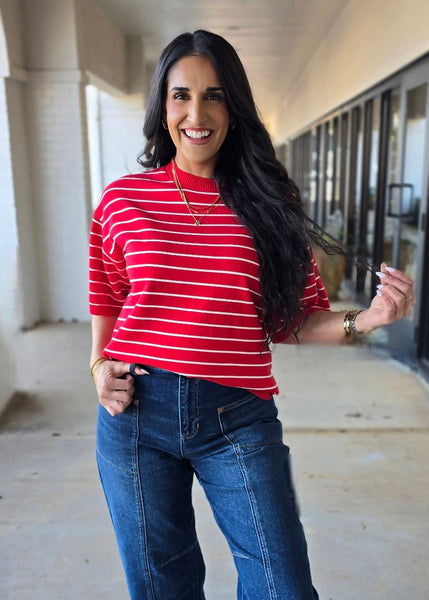 Saturday Stripes Red/ White Striped Short Sleeve Sweater