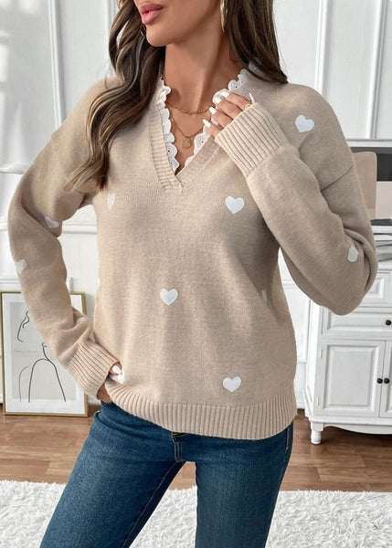 Hearts In Love V Neck Beige Sweater