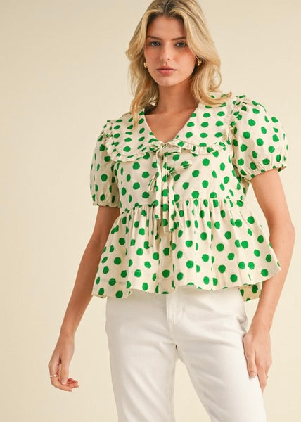 The Only One Green Polka Dot Front Tie Top