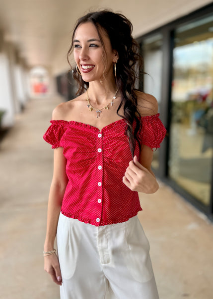 Polka Dot Fun Red Button Up Top