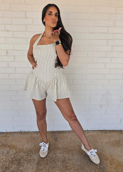 Dare To Be Brown/Cream Striped Halter Romper