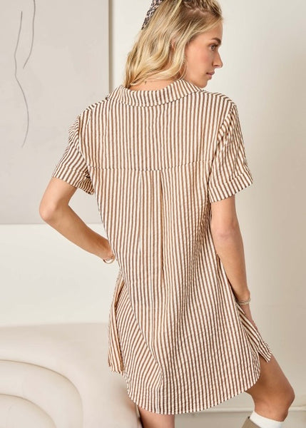 Casual Classic Brown/White Striped Seersucker Shirt Dress
