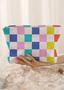 Color Block Checkered Corduroy Cosmetic Bag
