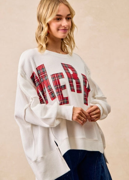 Plaid "Merry" White Waffle Long Sleeve