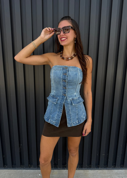 Hidden Request Denim Strapless Button Up Top
