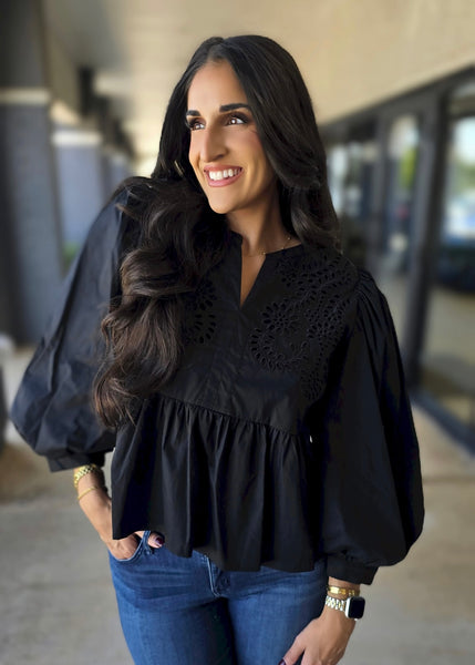 Begin Again Black Eyelet Accent Peplum Top