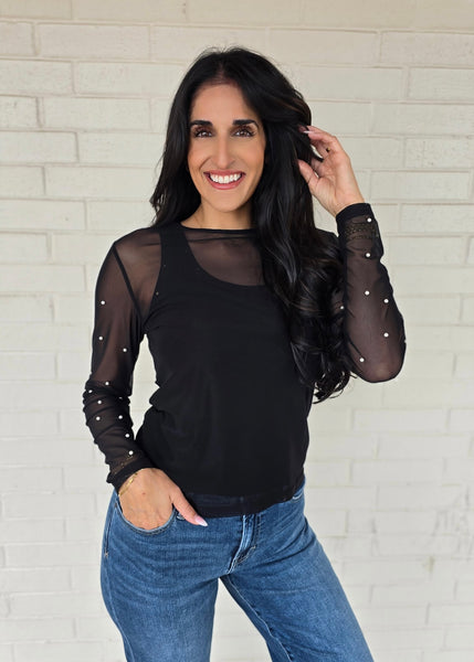 Center Of Attention Mesh Pearl Top - Black