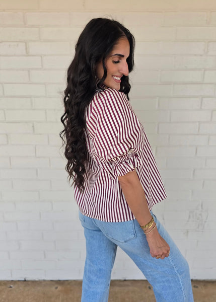 Get In Line Burgundy & White Striped Top