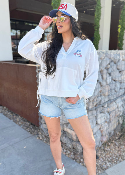 "USA 1776" Side Tie White Oversized Hoodie