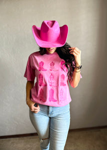 Pink Acid Wash Cowgirl Boots Graphic Tee