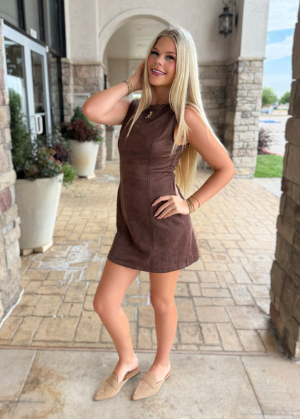 Just Thankful Brown Suede Cutout Dress
