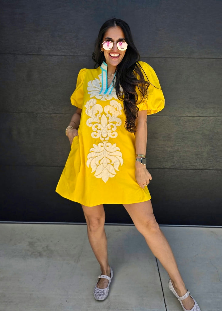 Out To Brunch Yellow Puff Sleeve Dress LARGE