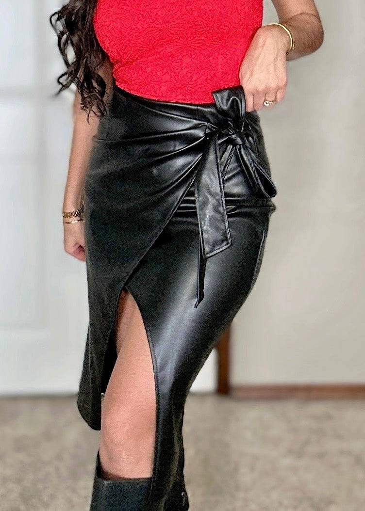 Enjoying Life Faux Leather Black Midi Skirt