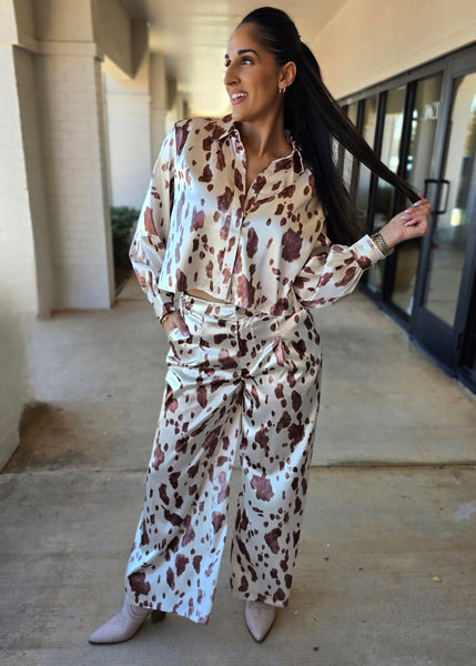 Cow Print Button Up Satin Blouse
