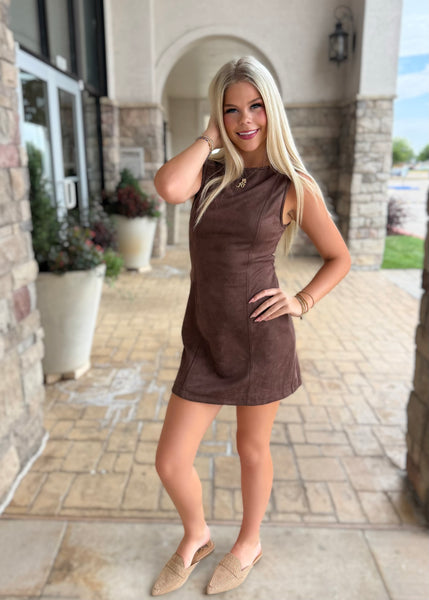 Just Thankful Brown Suede Cutout Dress