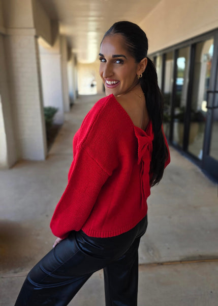 Holiday Party Red Back Bow Sweater