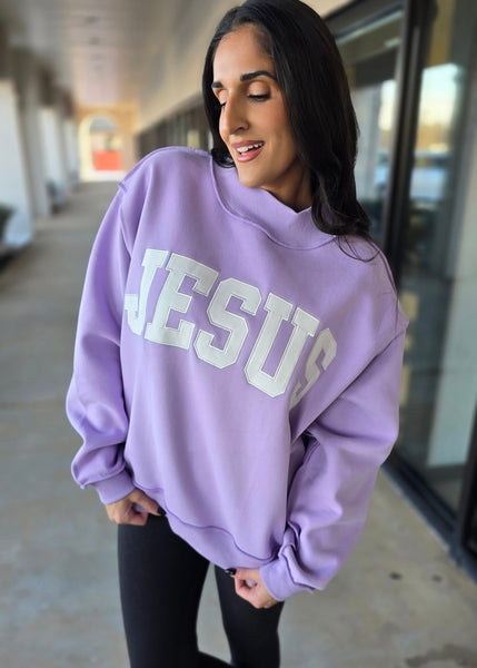 "Jesus" Lavender Oversized Graphic Mock Neck Sweatshirt