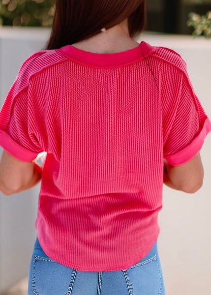 Ice Cream Date Hot Pink Ribbed V Neck Top