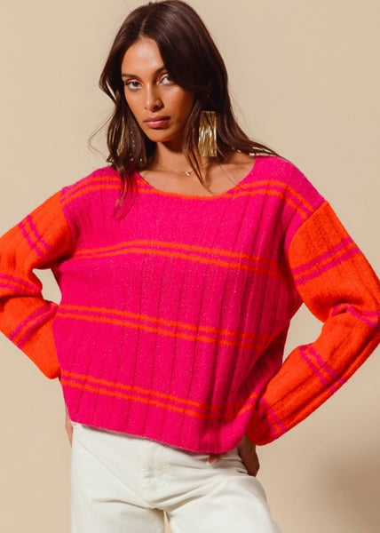 A Cozy Place Fuchsia/Orange Striped Sweater