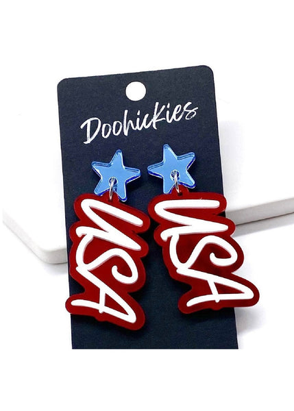 USA Acrylic Dangles- Mirror Light Blue Star & Red USA