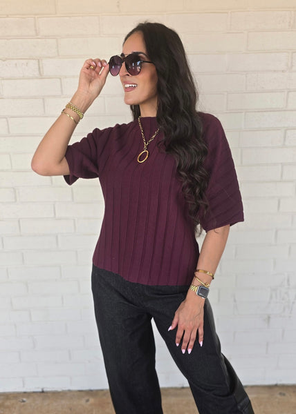 No Apologies Burgundy Ribbed Short Sleeve Top