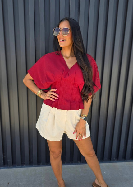 Lesson Learned Burgundy V Neck Top