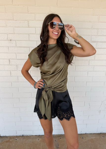 Positive Attitude Olive Asymmetrical Tie Waist Blouse