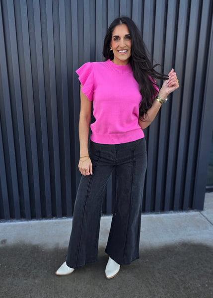 Sweet Shores Pink Ruffle Sleeve Sweater Top