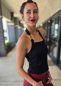 To Be Happy Black Halter Top With Gold Accent