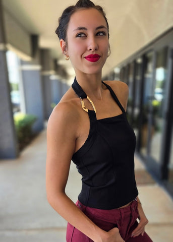 To Be Happy Black Halter Top With Gold Accent