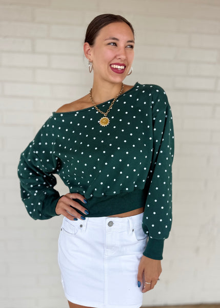 From The Past Green & White Polka Dot Off The Shoulder Sweatshirt Top