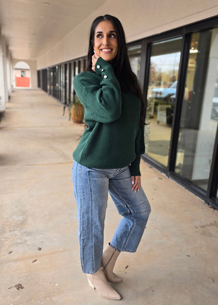 Plan For It Hunter Green Turtleneck Pearl Button Sweater