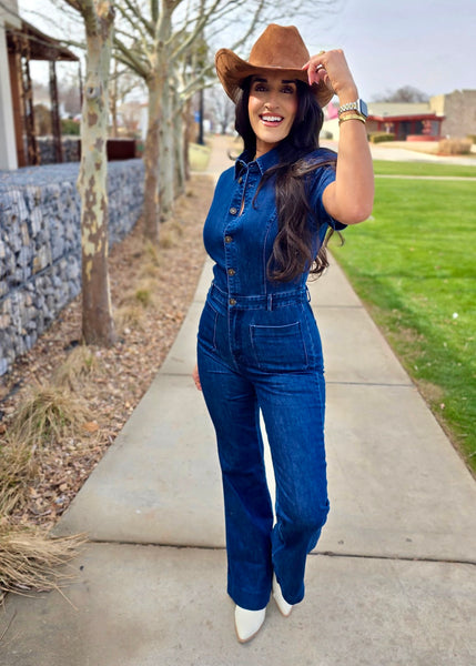 So Daring Dark Wash Denim Jumpsuit