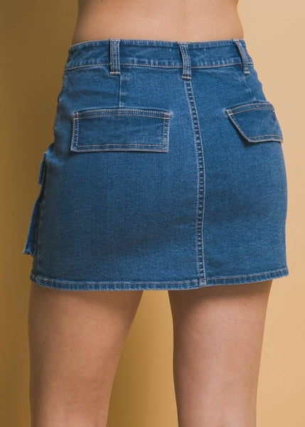 Stand Alone Medium Wash Cargo Denim Mini Skirt