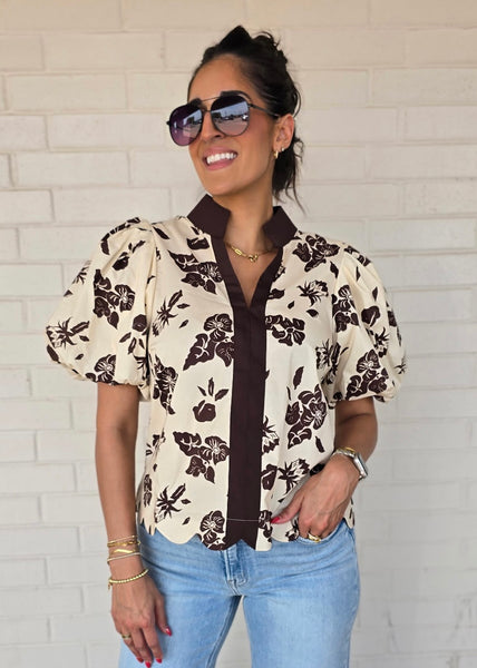 Thinkin About You Brown Floral V Neck Top