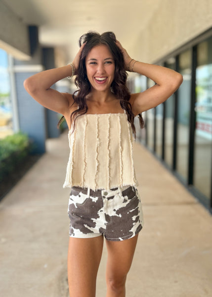 Take A Moment Cow Print Denim Shorts