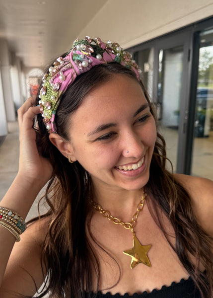 Pink Floral Print Rhinestoned Headband