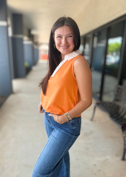 Tailgating Time Sleeveless V Neck Orange/White Poplin Top