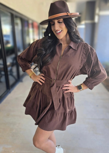 Fall Festival Brown Belted Mini Dress