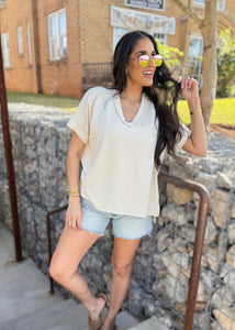 Here For It Cream Corded Ribbed Short Sleeve Top